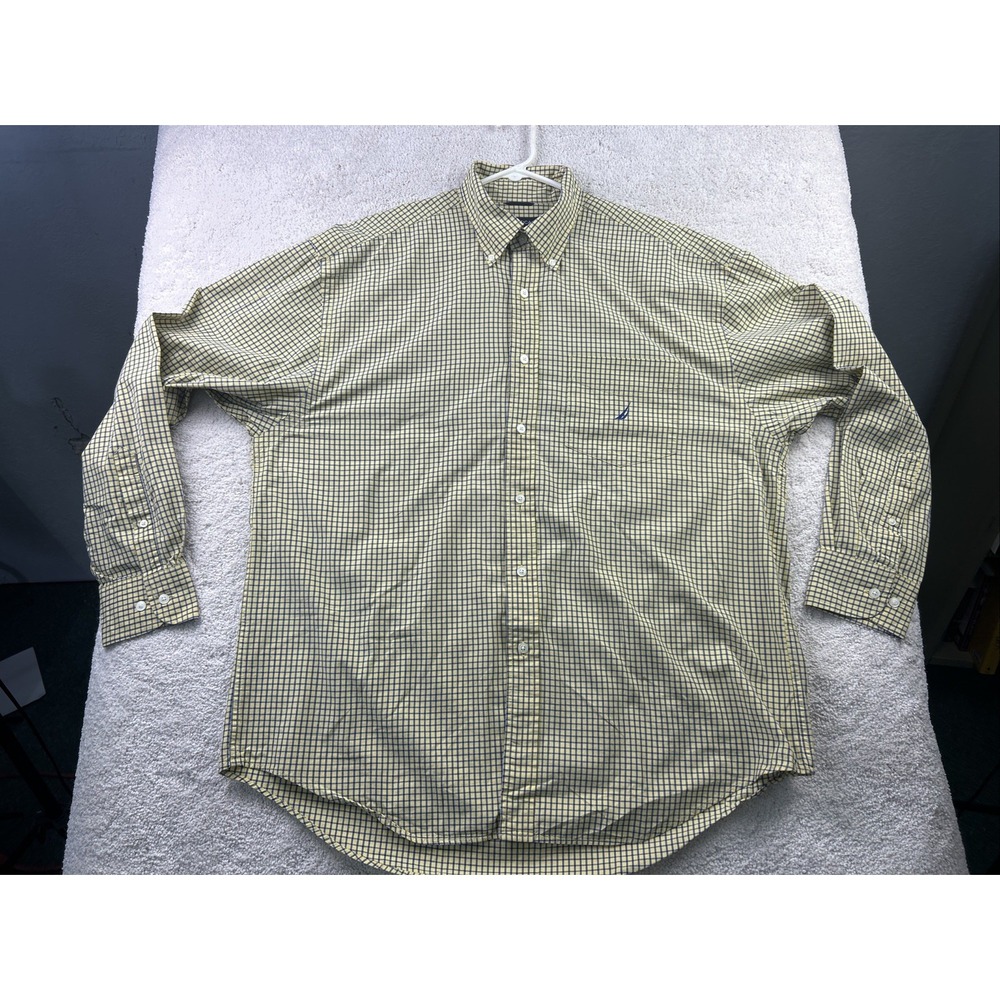 Vintage Nautica Shirt Men Large Yellow Blue Check Long Sleeve Cotton‎ Button Up
